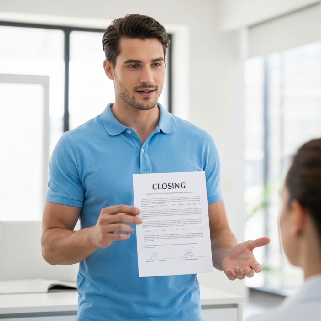 Professional salesman in blue polo shirt closing a sale inside home